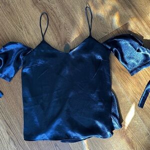 Urban Outfitters x Silence + Noise Shiny Cold-Shoulder Tie Top, Navy, Medium